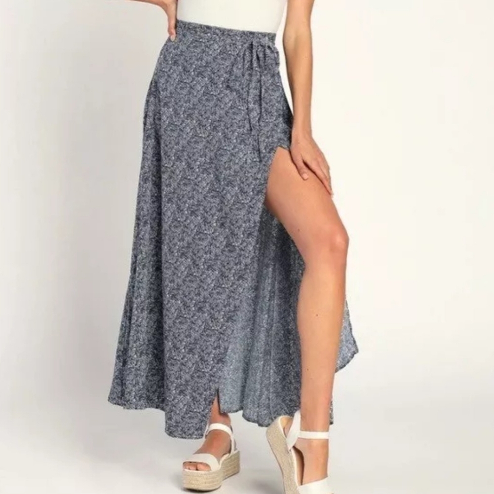 Lulus Tempest Wrap Maxi Skirt - Blue White Leaf Print NWOT